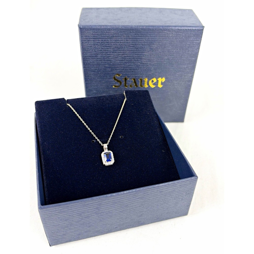 Vintage Stauer Blue Sapphire & CZ .925 Pendant Necklace Cable Chain 16 in Signed